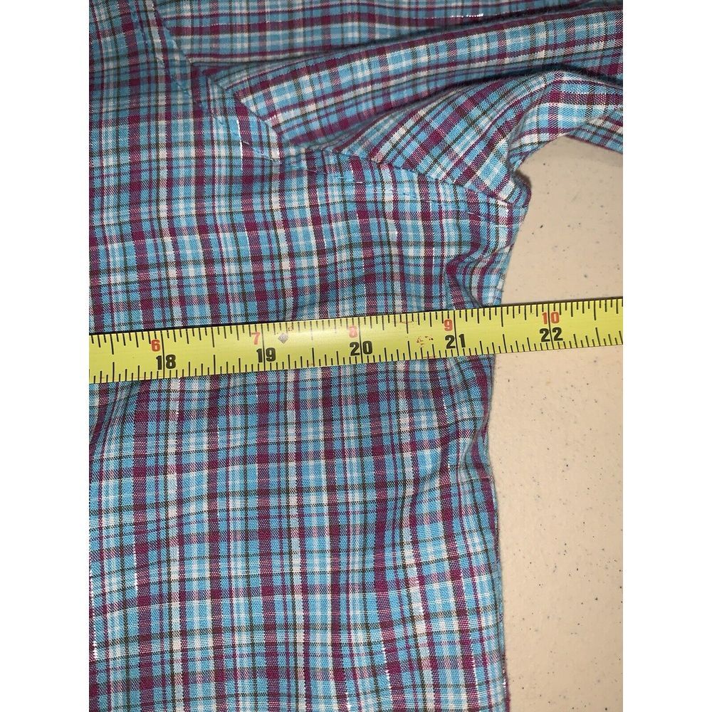 Women's L Blue Pink Sparkle plaid Wrancher Wrangler Short Sleeve Pearl Snap - Picture 5 of 16